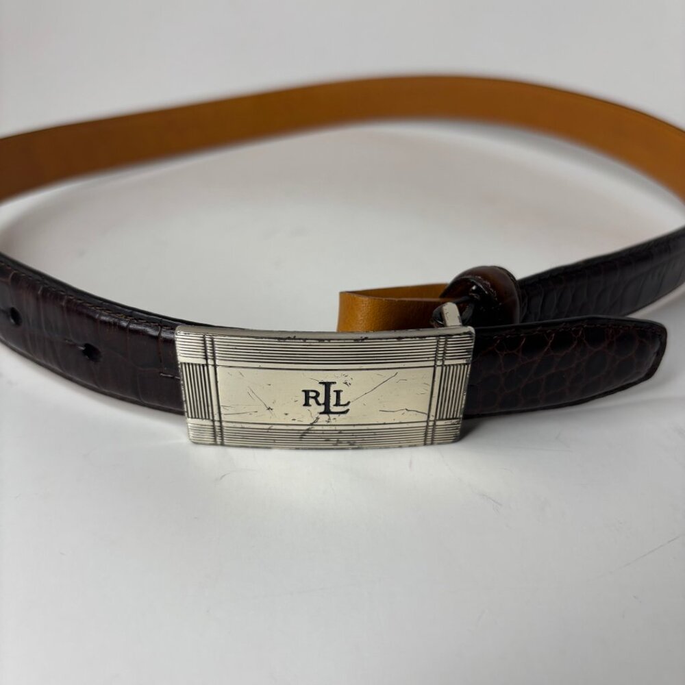 Ralph Lauren Brown Leather Belt Size S Textured Silver-tone Buckle RL Initials - Picture 4 of 13